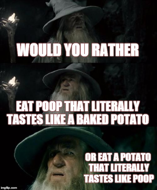 would you rather gandalf #2 (leave your votes in the comments :) | WOULD YOU RATHER; EAT POOP THAT LITERALLY TASTES LIKE A BAKED POTATO; OR EAT A POTATO THAT LITERALLY TASTES LIKE POOP | image tagged in memes,confused gandalf | made w/ Imgflip meme maker