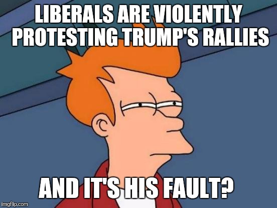 I must be missing something | LIBERALS ARE VIOLENTLY PROTESTING TRUMP'S RALLIES; AND IT'S HIS FAULT? | image tagged in memes,futurama fry | made w/ Imgflip meme maker