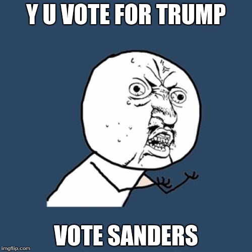 Seriously? Trump sucks | Y U VOTE FOR TRUMP; VOTE SANDERS | image tagged in memes,y u no | made w/ Imgflip meme maker
