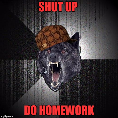 Insanity Wolf | SHUT UP; DO HOMEWORK | image tagged in memes,insanity wolf,scumbag | made w/ Imgflip meme maker
