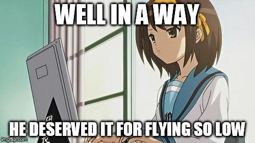 Haruhi Annoyed | WELL IN A WAY HE DESERVED IT FOR FLYING SO LOW | image tagged in haruhi annoyed | made w/ Imgflip meme maker