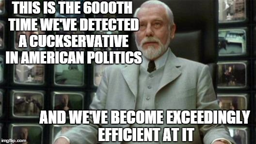 Architect Matrix | THIS IS THE 6000TH TIME WE'VE DETECTED A CUCKSERVATIVE IN AMERICAN POLITICS; AND WE'VE BECOME EXCEEDINGLY EFFICIENT AT IT | image tagged in architect matrix | made w/ Imgflip meme maker