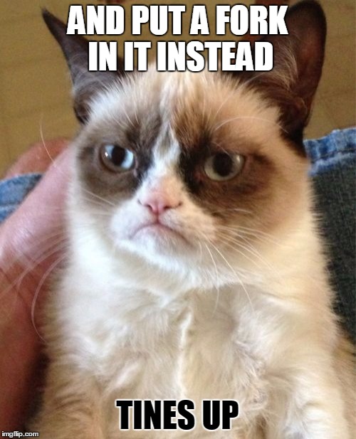 Grumpy Cat Meme | AND PUT A FORK IN IT INSTEAD TINES UP | image tagged in memes,grumpy cat | made w/ Imgflip meme maker