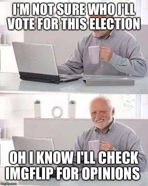 Hide the Pain Harold | I'M NOT SURE WHO I'LL VOTE FOR THIS ELECTION; OH I KNOW I'LL CHECK IMGFLIP FOR OPINIONS | image tagged in memes,hide the pain harold | made w/ Imgflip meme maker
