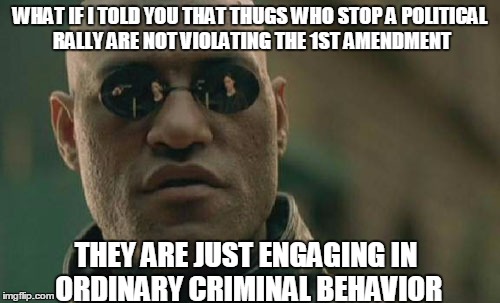 Matrix Morpheus | WHAT IF I TOLD YOU THAT THUGS WHO STOP A POLITICAL RALLY ARE NOT VIOLATING THE 1ST AMENDMENT; THEY ARE JUST ENGAGING IN ORDINARY CRIMINAL BEHAVIOR | image tagged in memes,matrix morpheus | made w/ Imgflip meme maker