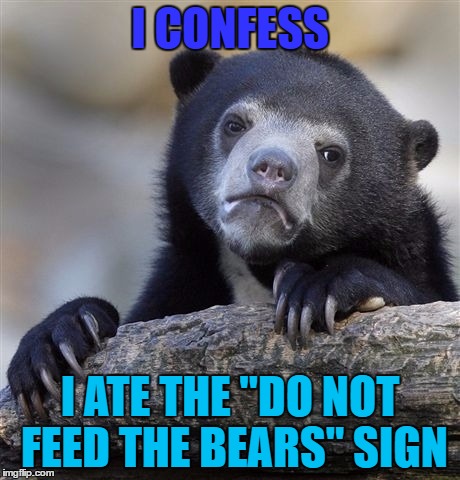 Confession Bear Meme | I CONFESS; I ATE THE "DO NOT FEED THE BEARS" SIGN | image tagged in memes,confession bear | made w/ Imgflip meme maker