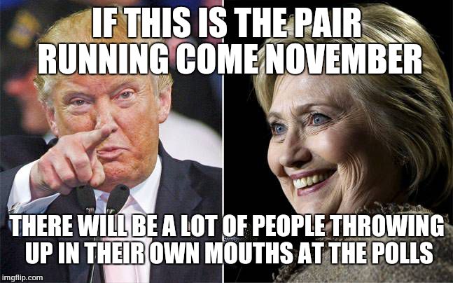 Trump Hillary  | IF THIS IS THE PAIR RUNNING COME NOVEMBER; THERE WILL BE A LOT OF PEOPLE THROWING UP IN THEIR OWN MOUTHS AT THE POLLS | image tagged in trump hillary | made w/ Imgflip meme maker