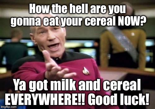 Picard Wtf Meme | How the hell are you gonna eat your cereal NOW? Ya got milk and cereal EVERYWHERE!! Good luck! | image tagged in memes,picard wtf | made w/ Imgflip meme maker