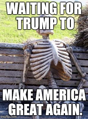 Waiting Skeleton | WAITING FOR TRUMP TO; MAKE AMERICA GREAT AGAIN. | image tagged in memes,waiting skeleton | made w/ Imgflip meme maker