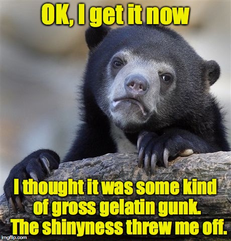 Confession Bear Meme | OK, I get it now I thought it was some kind of gross gelatin gunk.  The shinyness threw me off. | image tagged in memes,confession bear | made w/ Imgflip meme maker