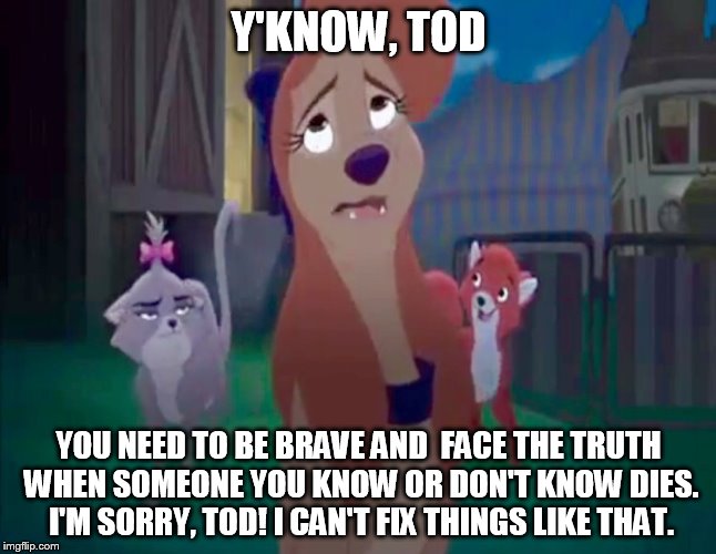 I Can't Fix Things Like That | Y'KNOW, TOD; YOU NEED TO BE BRAVE AND  FACE THE TRUTH WHEN SOMEONE YOU KNOW OR DON'T KNOW DIES. I'M SORRY, TOD! I CAN'T FIX THINGS LIKE THAT. | image tagged in sad dixie,memes,disney,the fox and the hound 2,dixie,death | made w/ Imgflip meme maker
