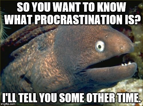 Bad Joke Eel Meme |  SO YOU WANT TO KNOW WHAT PROCRASTINATION IS? I'LL TELL YOU SOME OTHER TIME. | image tagged in memes,bad joke eel | made w/ Imgflip meme maker