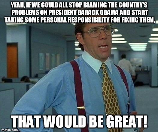 That Would Be Great Meme | YEAH, IF WE COULD ALL STOP BLAMING THE COUNTRY'S PROBLEMS ON PRESIDENT BARACK OBAMA AND START TAKING SOME PERSONAL RESPONSIBILITY FOR FIXING | image tagged in memes,that would be great | made w/ Imgflip meme maker