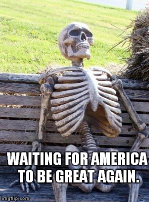 Waiting Skeleton | WAITING FOR AMERICA TO BE GREAT AGAIN. | image tagged in memes,waiting skeleton | made w/ Imgflip meme maker