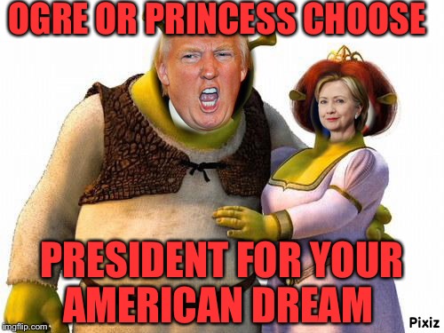 Election day | OGRE OR PRINCESS CHOOSE; PRESIDENT FOR YOUR AMERICAN DREAM | image tagged in donald trump,hillary clinton,president 2016 | made w/ Imgflip meme maker