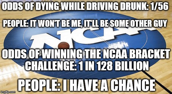 ODDS OF DYING WHILE DRIVING DRUNK: 1/56; PEOPLE: IT WON'T BE ME, IT'LL BE SOME OTHER GUY; ODDS OF WINNING THE NCAA BRACKET CHALLENGE: 1 IN 128 BILLION; PEOPLE: I HAVE A CHANCE | image tagged in memes,bracketology,ncaa | made w/ Imgflip meme maker