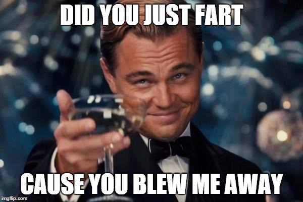 Leonardo Dicaprio Cheers | DID YOU JUST FART; CAUSE YOU BLEW ME AWAY | image tagged in memes,leonardo dicaprio cheers | made w/ Imgflip meme maker