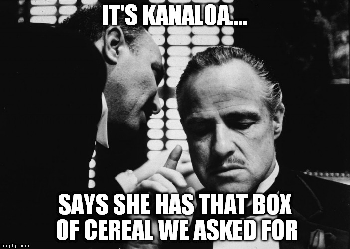 IT'S KANALOA.... SAYS SHE HAS THAT BOX OF CEREAL WE ASKED FOR | made w/ Imgflip meme maker