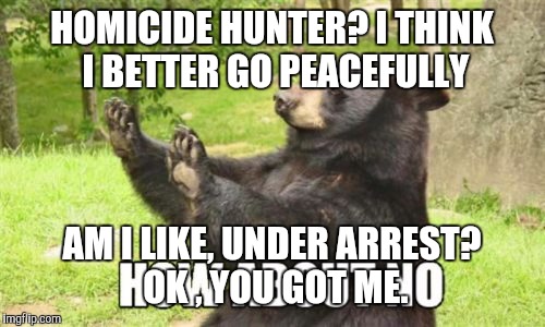How About No Bear Meme | HOMICIDE HUNTER? I THINK I BETTER GO PEACEFULLY; AM I LIKE, UNDER ARREST? OK , YOU GOT ME. | image tagged in memes,how about no bear | made w/ Imgflip meme maker