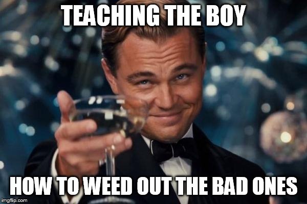 Leonardo Dicaprio Cheers Meme | TEACHING THE BOY HOW TO WEED OUT THE BAD ONES | image tagged in memes,leonardo dicaprio cheers | made w/ Imgflip meme maker