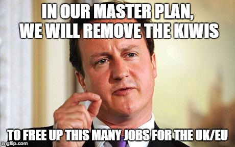 David Cameron  | IN OUR MASTER PLAN, WE WILL REMOVE THE KIWIS; TO FREE UP THIS MANY JOBS FOR THE UK/EU | image tagged in david cameron,eu/uk jobs,commonwealth,no oe,kiwis grounded,big solution | made w/ Imgflip meme maker