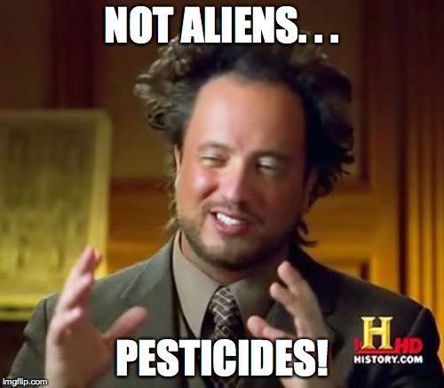 Ancient Aliens Meme | NOT ALIENS. . . PESTICIDES! | image tagged in memes,ancient aliens | made w/ Imgflip meme maker