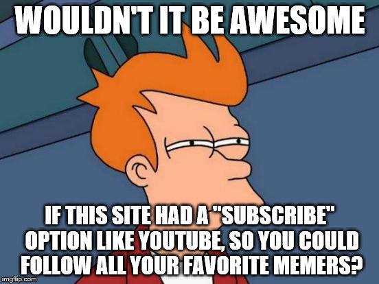 Futurama Fry | WOULDN'T IT BE AWESOME; IF THIS SITE HAD A "SUBSCRIBE" OPTION LIKE YOUTUBE, SO YOU COULD FOLLOW ALL YOUR FAVORITE MEMERS? | image tagged in memes,futurama fry | made w/ Imgflip meme maker