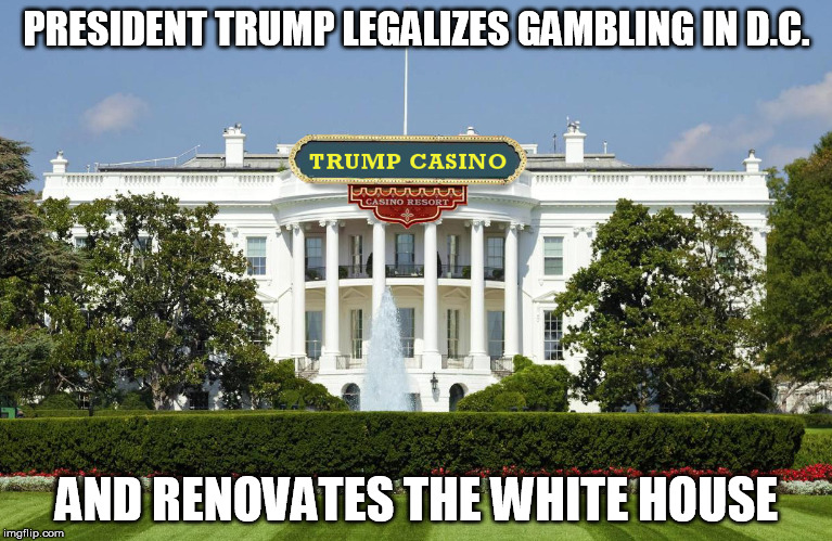 Trump's white Casino | PRESIDENT TRUMP LEGALIZES GAMBLING IN D.C. AND RENOVATES THE WHITE HOUSE | image tagged in donald trump | made w/ Imgflip meme maker