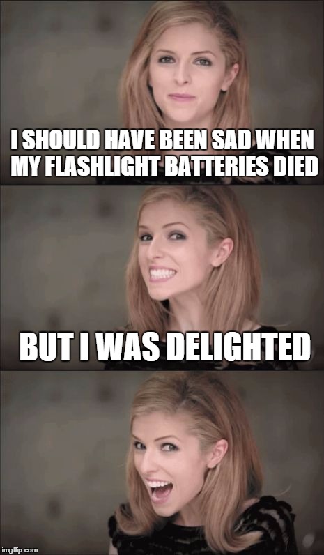 wow that one was bad anna | I SHOULD HAVE BEEN SAD WHEN MY FLASHLIGHT BATTERIES DIED; BUT I WAS DELIGHTED | image tagged in memes,bad pun anna kendrick,lol,anna kendrick,bad pun dog,puns | made w/ Imgflip meme maker