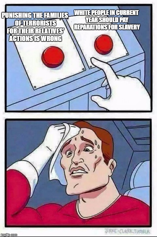 Two Buttons Meme | WHITE PEOPLE IN CURRENT YEAR SHOULD PAY REPARATIONS FOR SLAVERY; PUNISHING THE FAMILIES OF TERRORISTS FOR THEIR RELATIVES' ACTIONS IS WRONG | image tagged in hard choice to make,The_Donald | made w/ Imgflip meme maker