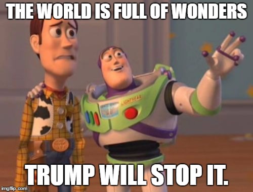 X, X Everywhere | THE WORLD IS FULL OF WONDERS; TRUMP WILL STOP IT. | image tagged in memes,x x everywhere | made w/ Imgflip meme maker