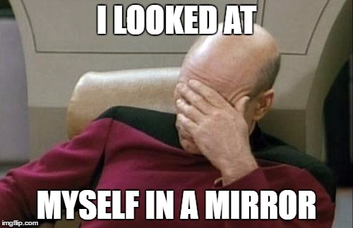 Captain Picard Facepalm | I LOOKED AT; MYSELF IN A MIRROR | image tagged in memes,captain picard facepalm | made w/ Imgflip meme maker