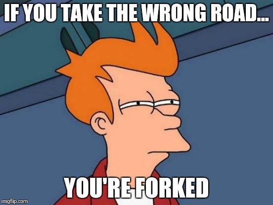 Futurama Fry Meme | IF YOU TAKE THE WRONG ROAD... YOU'RE FORKED | image tagged in memes,futurama fry | made w/ Imgflip meme maker