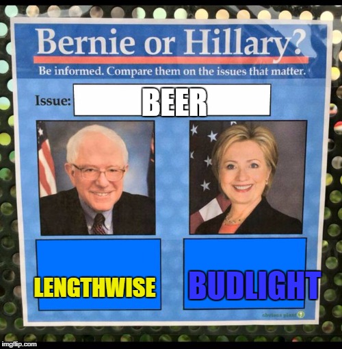 Bernie or Hillary? | BEER; BUDLIGHT; LENGTHWISE | image tagged in bernie or hillary | made w/ Imgflip meme maker