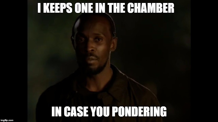 Omar "The Wire" Meets Bowtie in the Alley | I KEEPS ONE IN THE CHAMBER; IN CASE YOU PONDERING | image tagged in omar,the wire,bowtie,season 3,episode 11 middle ground,hbo | made w/ Imgflip meme maker