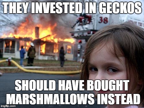 Disaster Girl Meme | THEY INVESTED IN GECKOS; SHOULD HAVE BOUGHT MARSHMALLOWS INSTEAD | image tagged in memes,disaster girl | made w/ Imgflip meme maker