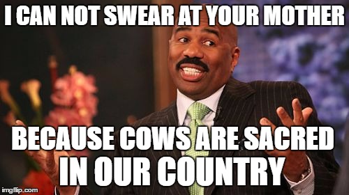 Indian joke (but I guess Steve Harvey is from America). | I CAN NOT SWEAR AT YOUR MOTHER; BECAUSE COWS ARE SACRED; IN OUR COUNTRY | image tagged in memes,steve harvey | made w/ Imgflip meme maker