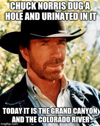 Chuck Norris | CHUCK NORRIS DUG A HOLE AND URINATED IN IT; TODAY IT IS THE GRAND CANYON AND THE COLORADO RIVER | image tagged in chuck norris,memes | made w/ Imgflip meme maker