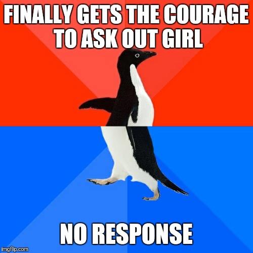 Socially Awesome Awkward Penguin Meme | FINALLY GETS THE COURAGE TO ASK OUT GIRL; NO RESPONSE | image tagged in memes,socially awesome awkward penguin | made w/ Imgflip meme maker