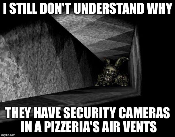 FnAF 3 | I STILL DON'T UNDERSTAND WHY; THEY HAVE SECURITY CAMERAS IN A PIZZERIA'S AIR VENTS | image tagged in fnaf 3 | made w/ Imgflip meme maker