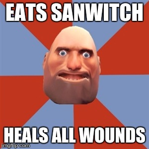 TF2 Noob Heavy | EATS SANWITCH; HEALS ALL WOUNDS | image tagged in tf2 noob heavy | made w/ Imgflip meme maker