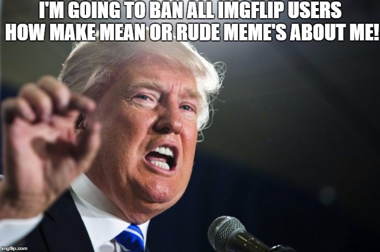 I'm Going To Ban All IMGFLIP Users Who Make Mean Or Rude Meme's About Me! | I'M GOING TO BAN ALL IMGFLIP USERS HOW MAKE MEAN OR RUDE MEME'S ABOUT ME! | image tagged in donald trump,funny,funny memes,politics,political | made w/ Imgflip meme maker