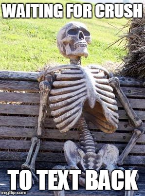 Waiting Skeleton | WAITING FOR CRUSH; TO TEXT BACK | image tagged in memes,waiting skeleton | made w/ Imgflip meme maker