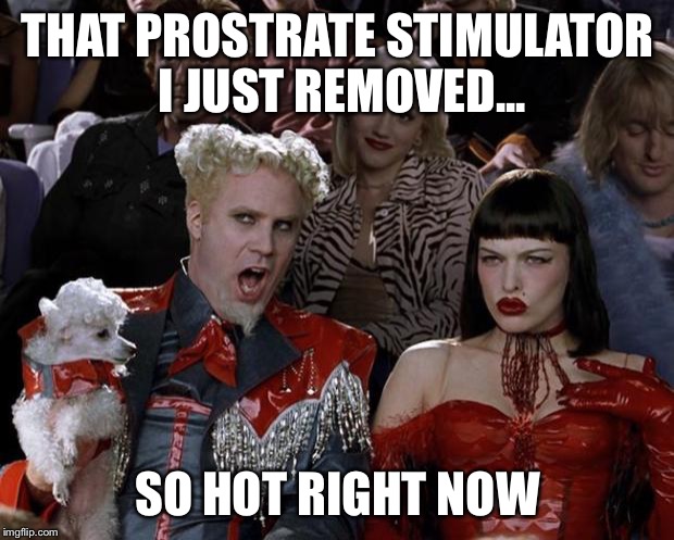 Mugatu So Hot Right Now | THAT PROSTRATE STIMULATOR I JUST REMOVED... SO HOT RIGHT NOW | image tagged in memes,mugatu so hot right now | made w/ Imgflip meme maker