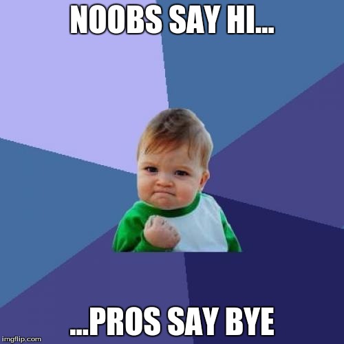 Success Kid | NOOBS SAY HI... ...PROS SAY BYE | image tagged in memes,success kid | made w/ Imgflip meme maker