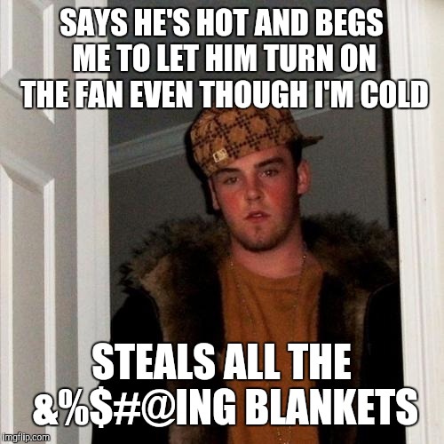 Scumbag Steve | SAYS HE'S HOT AND BEGS ME TO LET HIM TURN ON THE FAN EVEN THOUGH I'M COLD; STEALS ALL THE &%$#@ING BLANKETS | image tagged in memes,scumbag steve | made w/ Imgflip meme maker