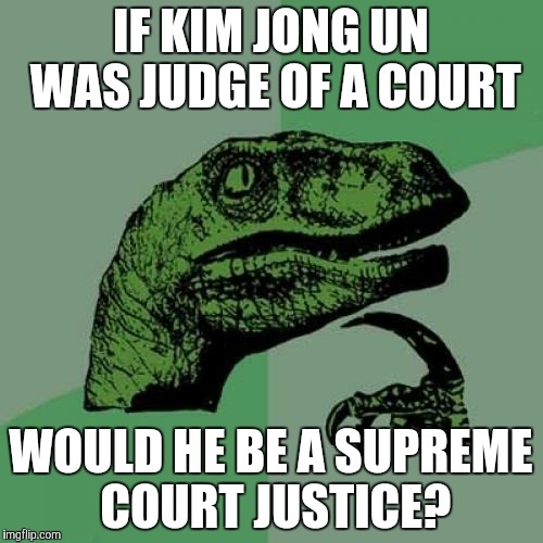Philosoraptor | IF KIM JONG UN WAS JUDGE OF A COURT; WOULD HE BE A SUPREME COURT JUSTICE? | image tagged in memes,philosoraptor | made w/ Imgflip meme maker