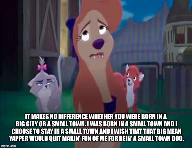 Small Town Dog | IT MAKES NO DIFFERENCE WHETHER YOU WERE BORN IN A BIG CITY OR A SMALL TOWN. I WAS BORN IN A SMALL TOWN AND I CHOOSE TO STAY IN A SMALL TOWN AND I WISH THAT THAT BIG MEAN YAPPER WOULD QUIT MAKIN' FUN OF ME FOR BEIN' A SMALL TOWN DOG. | image tagged in sad dixie,memes,disney,the fox and the hound 2,dixie | made w/ Imgflip meme maker