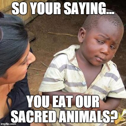 Third World Skeptical Kid Meme | SO YOUR SAYING... YOU EAT OUR SACRED ANIMALS? | image tagged in memes,third world skeptical kid | made w/ Imgflip meme maker
