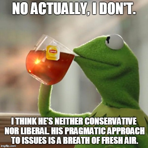 But That's None Of My Business Meme | NO ACTUALLY, I DON'T. I THINK HE'S NEITHER CONSERVATIVE NOR LIBERAL. HIS PRAGMATIC APPROACH TO ISSUES IS A BREATH OF FRESH AIR. | image tagged in memes,but thats none of my business,kermit the frog | made w/ Imgflip meme maker